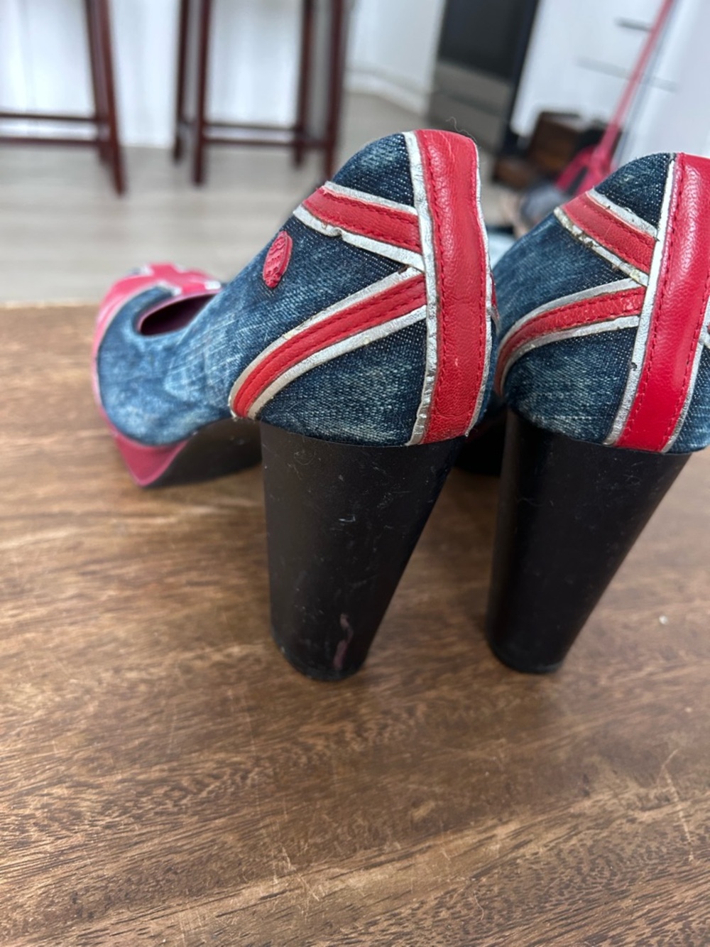 Atrai Blue Denim Heels Red White Union Jack Y2K British Flag Pumps Retro Shoes - Picture 6 of 9
